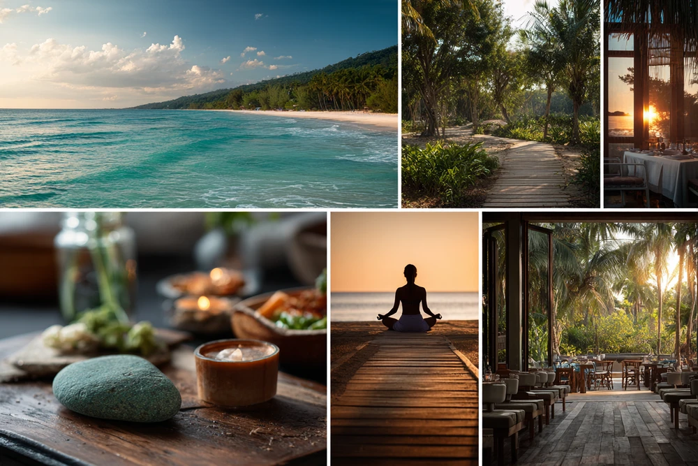 Beautiful collage showing different categories: beaches, restaurants, yoga studios, wellness centers